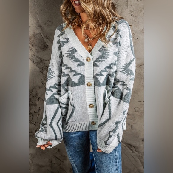 Printed Button Up V-Neck Long Sleeve Cardigan - Picture 1 of 4